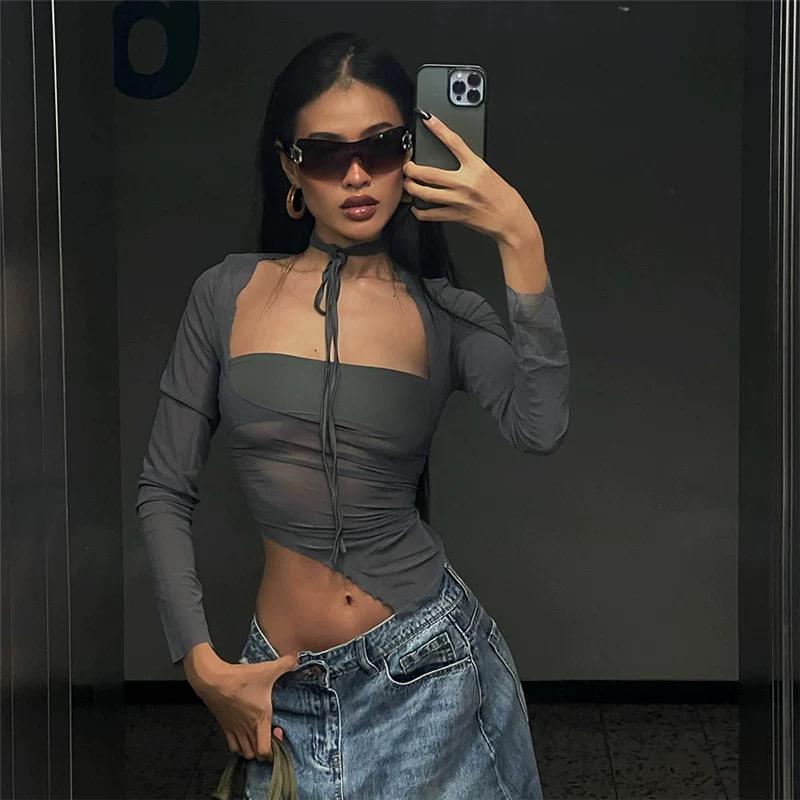Mesh Splicing Slim Square Collar Top