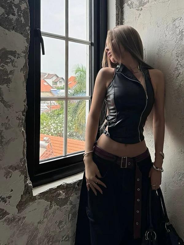 Zipper PU Leather Vest