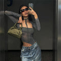 Mesh Splicing Slim Square Collar Top