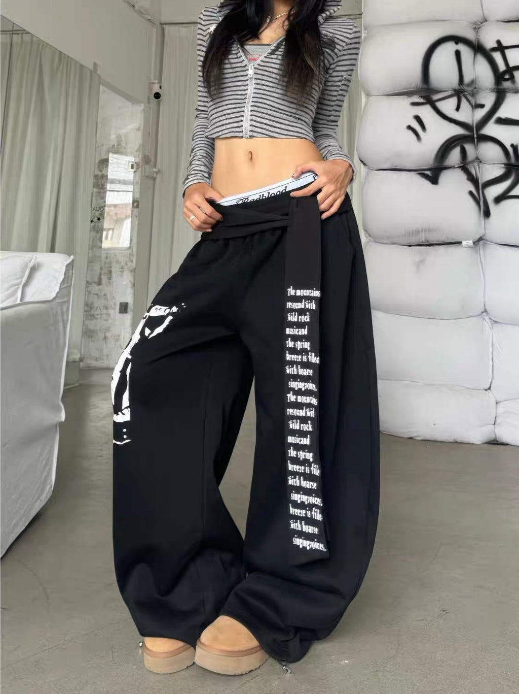 Strap Design Sweatpants loose Wide-Leg Casual Pants