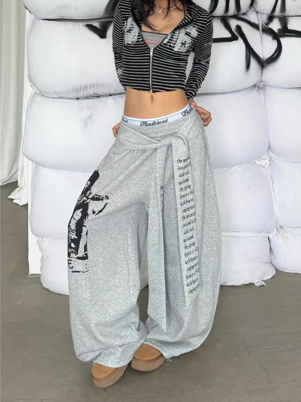Strap Design Sweatpants loose Wide-Leg Casual Pants