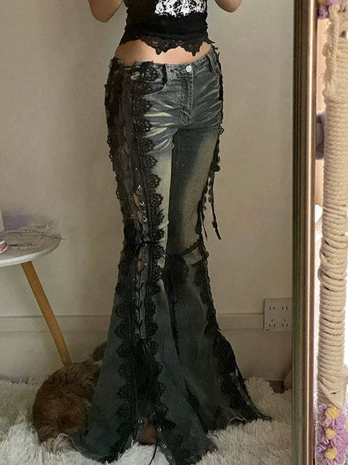 Blue Bittersweet Glamorous Lace-up Flare Silhouette Jeans