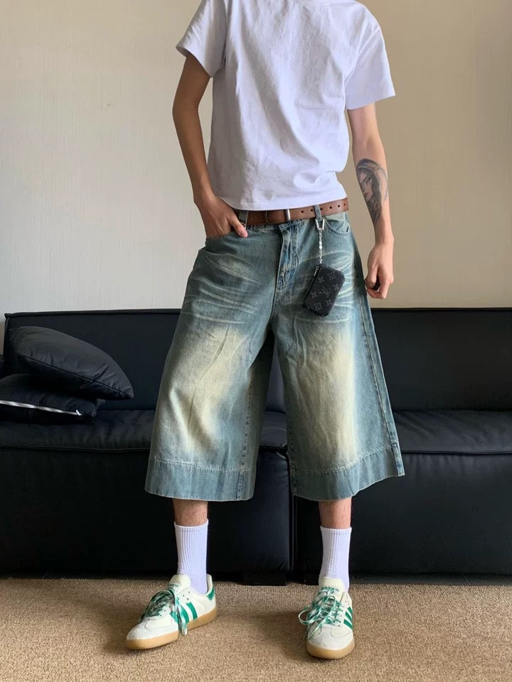 ウォッシュドデニムクロップドパンツ || Wash Blue Denim Jorts